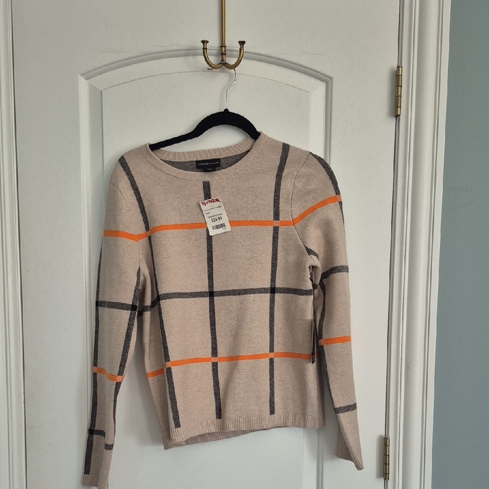 Adrienne Vittadini Beige Sweater with Orange and Gray Stripes